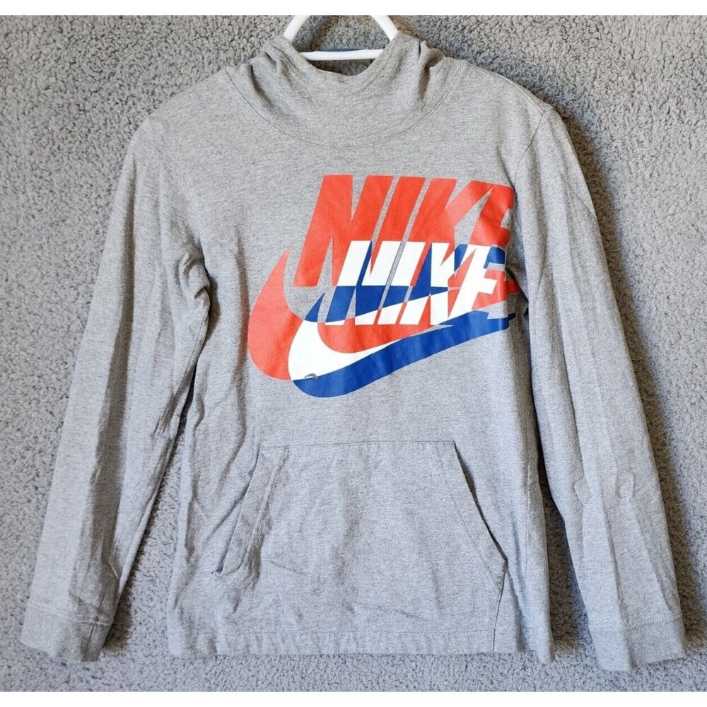 NIKE Gray Long Sleeve Red White & Blue Swoosh Logo Pocket Hoodie Youth Size L